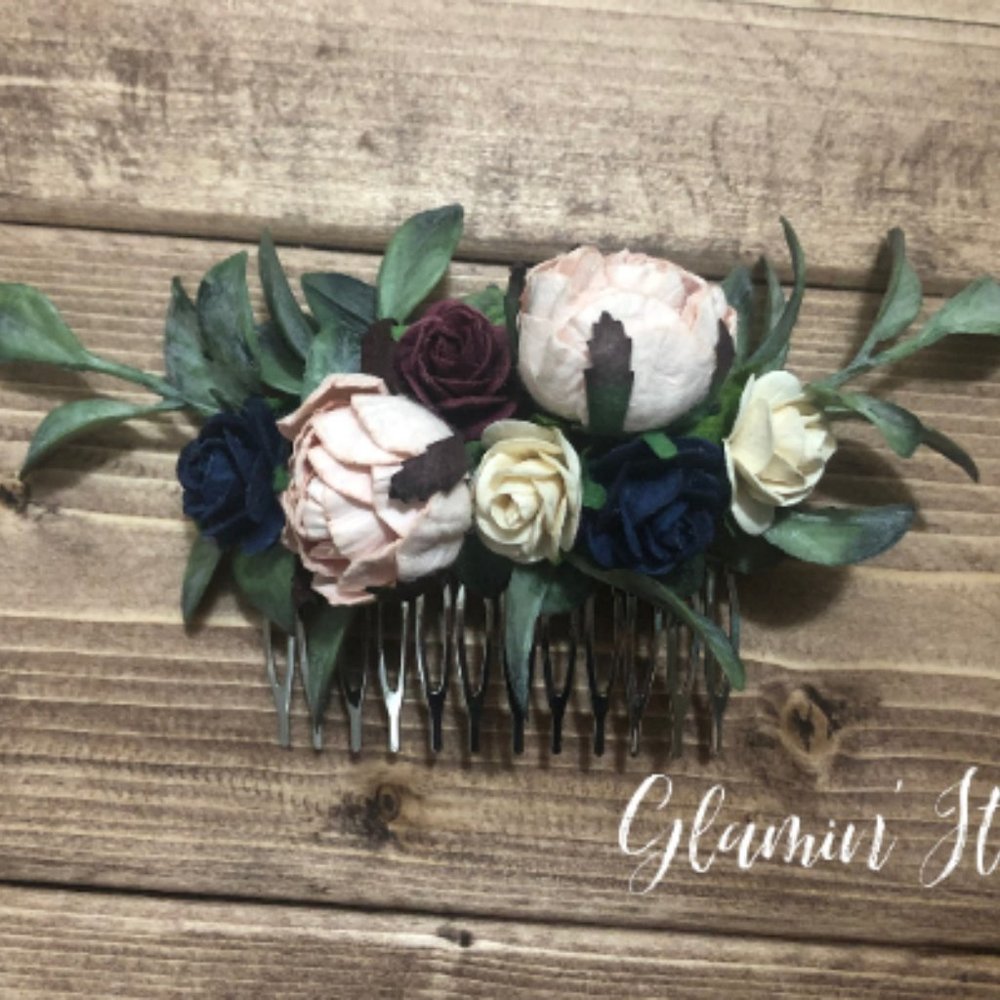Burgundy, Ivory, Navy and Pink Flower Hair Comb